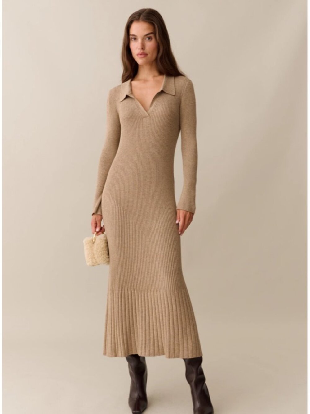 Camel Knit Maxi Dress Long Sleeve Sweater Dress Size M